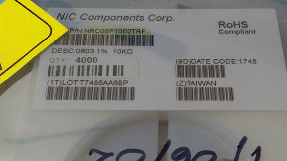 (100PC) NRC06F1002TRF NIC 0603 10kOhm 0.1W 1% ±100ppm/°C SMT Thick Film Resistor