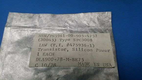 (1 PC) 5961-00-905-4752 PN: 475936-1 POWER TRANSISTOR SILICON