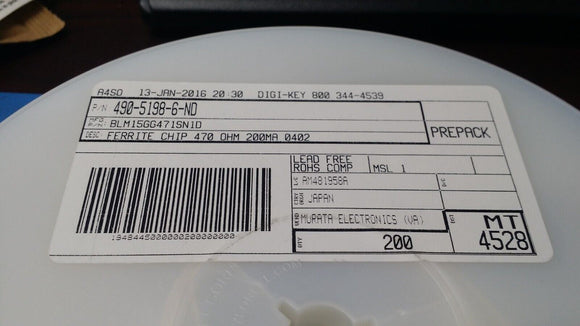 (20 PCS) BLM15GG471SN1D Murata Ferrite Bead 0402 470 ohm 200 mA 1.3 ohm 25% ROHS