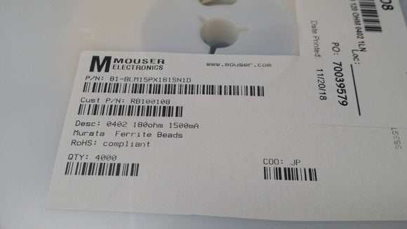 (25 PCS) BLM15PX181SN1D Murata Ferrite Bead 0402 180 ohm 1.5 A 90 mohm 25% ROHS