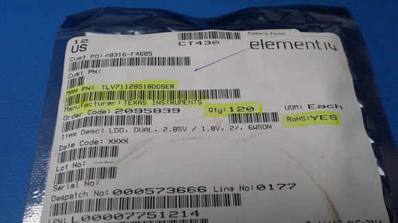 (20 PCS) TLV71128518DDSER TI IC REG LINEAR 2.85V/1.8V 6WSON ROHS