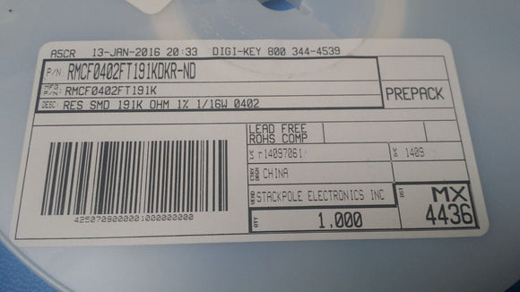 (100PCS) RMCF0402FT191K STACKPOLE RES 191K OHM 1% 1/16W 0402 ROHS