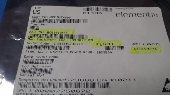 (1 PC) BQ51013YFFT TI Wireless Power Receiver PMIC 28-DSBGA ROHS