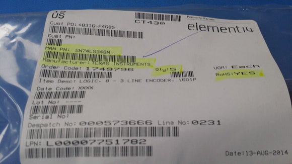 (1 PC) SN74LS348N TI Priority Encoder 1 x 8:3 16-PDIP ROHS