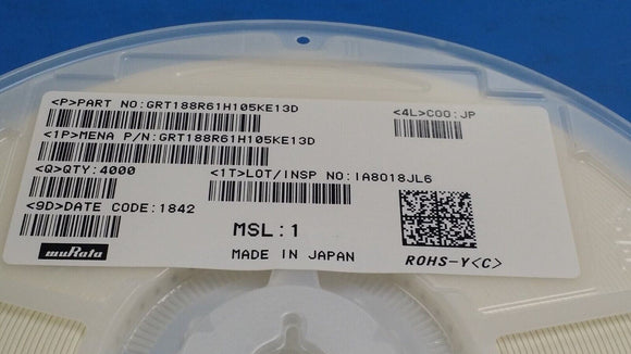 (25 PCS) GRT188R61H105KE13D MURATA MLCC CAP CER 1UF 50V X5R 0603 ROHS