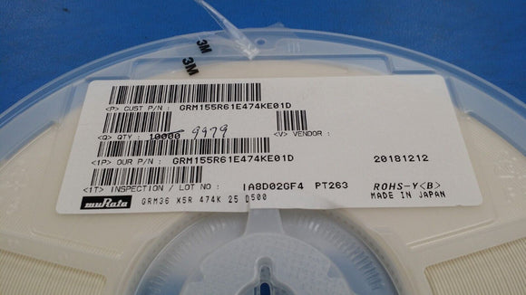 (25 PCS) GRM155R61E474KE01D MURATA MLCC, CAP CER 0.47UF 25V X5R 0402 ROHS