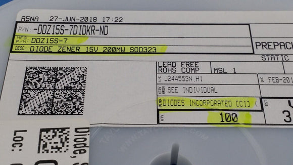 (25 PCS) DDZ15S-7 DIODE ZENER 15V 200MW SOD323 ROHS