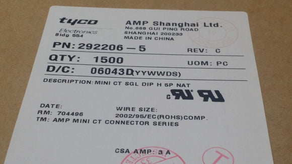 (1500 PCS) 292206-5 TYCO ELECTRONICS, CONN HEADER R/A 5POS 1.5MM ROHS