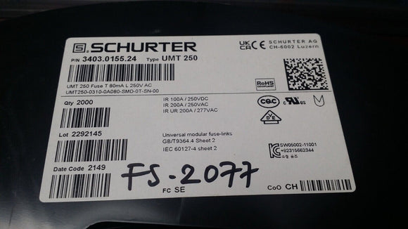 (2000 PCS) 3403.0155.24 SCHURTER, FUSE BRD MNT 80MA 250VAC 125VDC ROHS