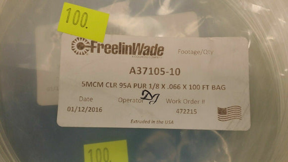 (100 FT.) A37105-10 FreelinWade 95A Clear Polyurethane Tubing 1/8 X 1/16 (.066)