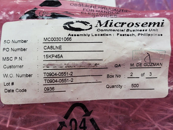 (1 PC) 15KP45A MICROSEMI TVS Diode Single Uni-Dir 45V 15KW 2-Pin Case D-6