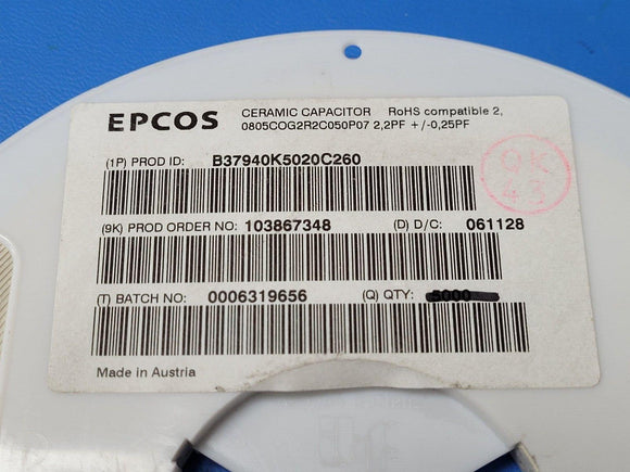 (100PCS) B37940K5020C260 2.2pF ±0.25pF 50V MLCC Cer Capacitor C0G, NP0 0805 ROHS