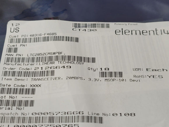 (1 PC) LTC2852CMS#PBF LINEAR TECH 1/1 Transceiver Full RS422, RS485 10-MSOP